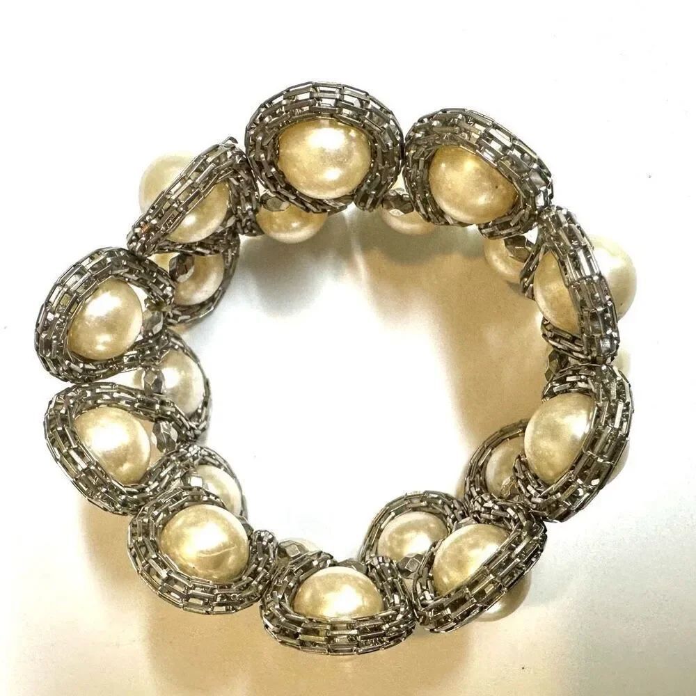 Silver tone faux pearl wide stretchy bracelet - Picture 8 of 9
